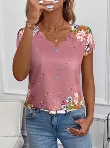 SHEIN Clasi 女士休闲碎花短袖衬衫，春季 - 藕粉色 - 查看 5