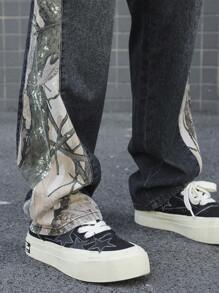 Manfinity EMRG Plus Size Men's Printed Patchwork Casual Denim Jeans - Black - View 4