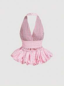 SHEIN MOD Pink And White Plaid V-Neck Halter Neck Bubble Hem Women's Top With Oversized Bow, Date Top, Picnic Top, Brunch Top, Party Wear,New Years Women,Y2k,Tube Top,Valentine Day,Goth,Club Women,Off The Shoulder Top,Wedding Guest Top Women,Cute Tops,Crop Tops Women,Rave Top