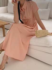 DAZY فستان قميص طويل ذو خصر مشدود وياقة للنساء باللون الأحادي - وردي مغبر - مشاهدة 7