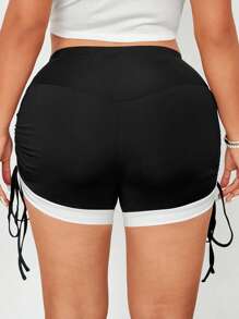 Breezaya 大码优雅简约运动休闲高腰抽绳拼色不对称短款紧身裤