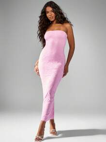 MISSGUIDED Bandeau Strapless Form-Fitting Maxi Dress With Lace Pattern Stretchy Evening Gown Party Wedding Guest Spring Summer Elegant Floor Length - Pink - View 4
