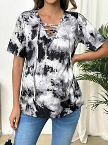 SHEIN Áo thun dây chéo nhuộm loang thời trang cho phụ nữ mang thai, mùa hè - Đen và trắng - Xem 4