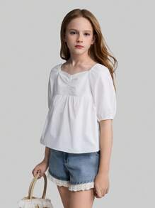 Ontre Blusa suelta de unicolor con mangas de globo para niñas preadolescentes - Blanco - Ver 4