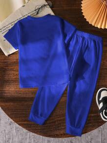 SHEIN Explorewe 小男孩简约时尚短袖上衣和裤子套装，适合夏季 - 藍色 - 查看 2