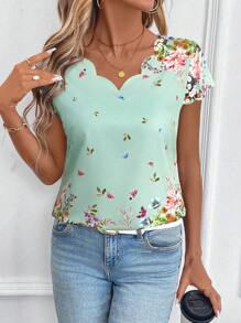 SHEIN Clasi Women's Floral Print V-Neck Ruffle Hem Short Sleeve Blouse, Spring - Mint Green - View 4