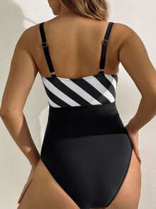 SHEIN Swim 游泳夏季海滩度假服装女士黑白连体泳衣