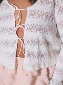 MUSERA Plus Size Lace Stripe Long Sleeve Tie V Neck Top, Holiday, Elegant Spring Summer - White - View 6