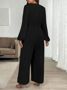 SHEIN Clasi 女式加大码优雅纯色 V 领灯笼袖长款连体裤 - 黑色 - 查看 2