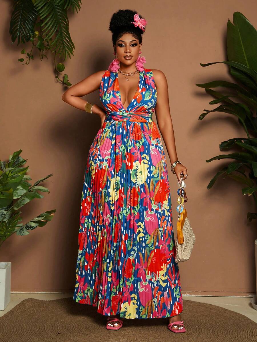 Maweii Plus Size Allover Print Tie Up Ruffle Hem A-Line Elegant Vacation Dress - Multicolor - View 1