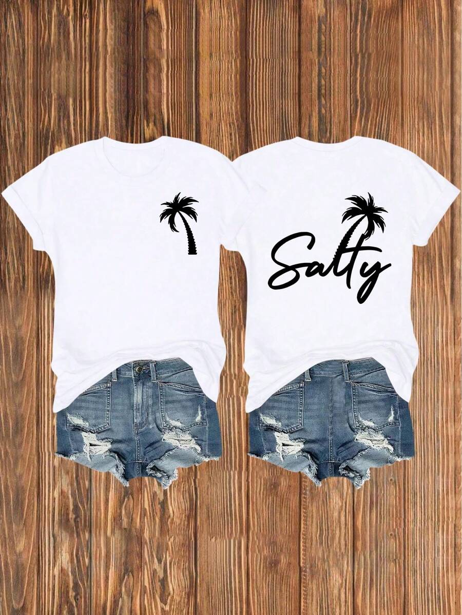 Flirla Plus Size Summer Casual Palm Tree Print Short Sleeve T-Shirt - White - View 1