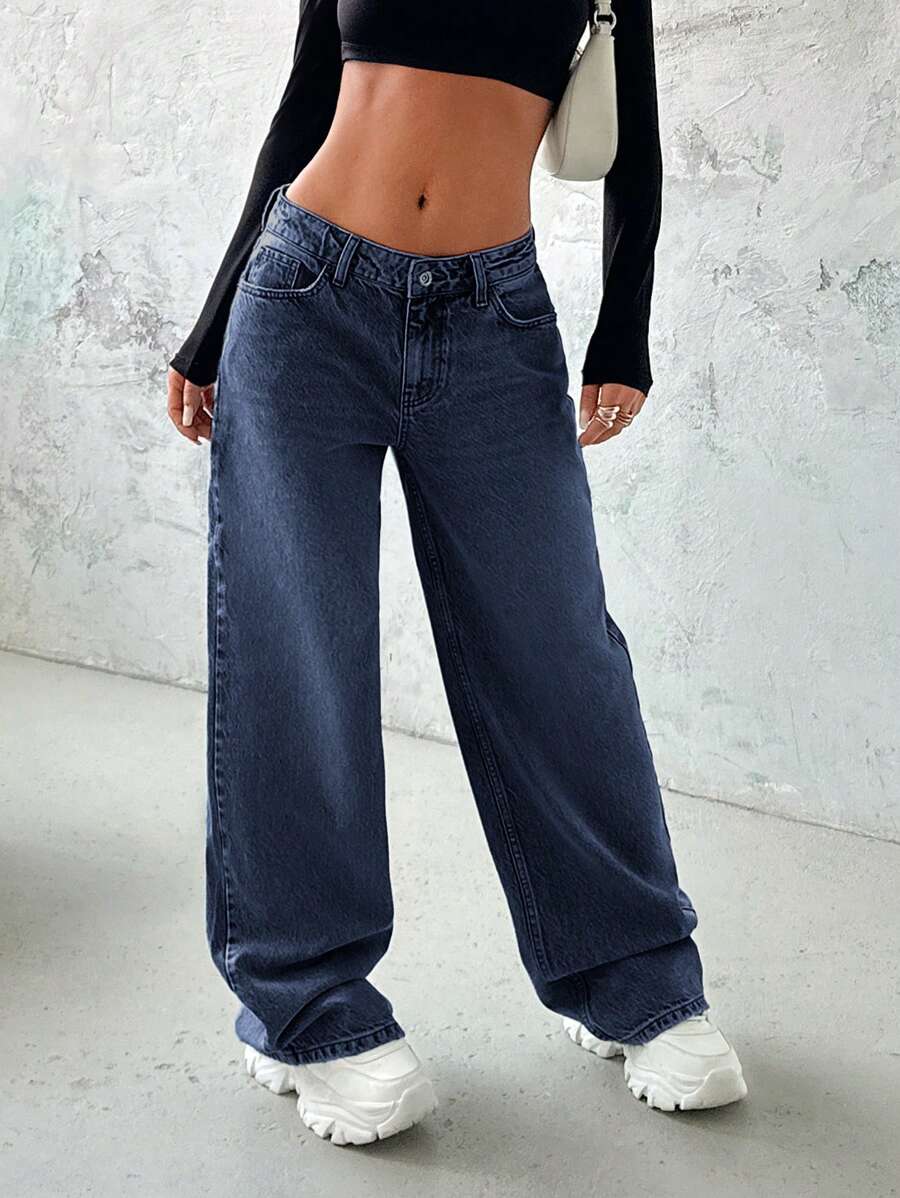 EURMUSE Women's Casual Washed Low-Waist Straight Leg Jeans - Dark Wash - View 1