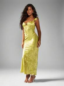 MISSGUIDED Váy Maxi cắt chéo bằng vải satin jacquard thanh lịch có dây xếp nếp, váy dạ hội dài chấm đất, váy dự tiệc cho khách dự tiệc cưới, dạ hội, Giáng sinh - màu xanh lá - Xem 4