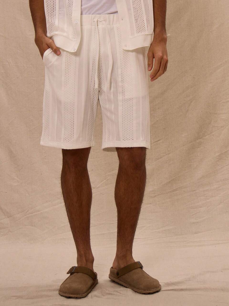 Drawstring Waist Patterned Crochet Knit Pinstripe Shorts Only For Spring Summer Vacation