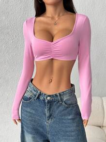 SHEIN EZwear Women Casual Solid Color Ruched Cropped Top Hot Pink - Pink - View 6