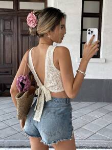 SHEIN Frenchy Women's Solid Color Backless Knot Back Round Neck Casual Camisole,Rave Top