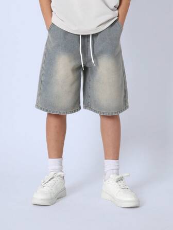 SUMWON Contemporary Denim Shorts With Drawstring Waist, Wide Leg Relaxed Fit, Casual Summer Skateboard Style Knee Length Bottoms, Youth Athletic Comfort