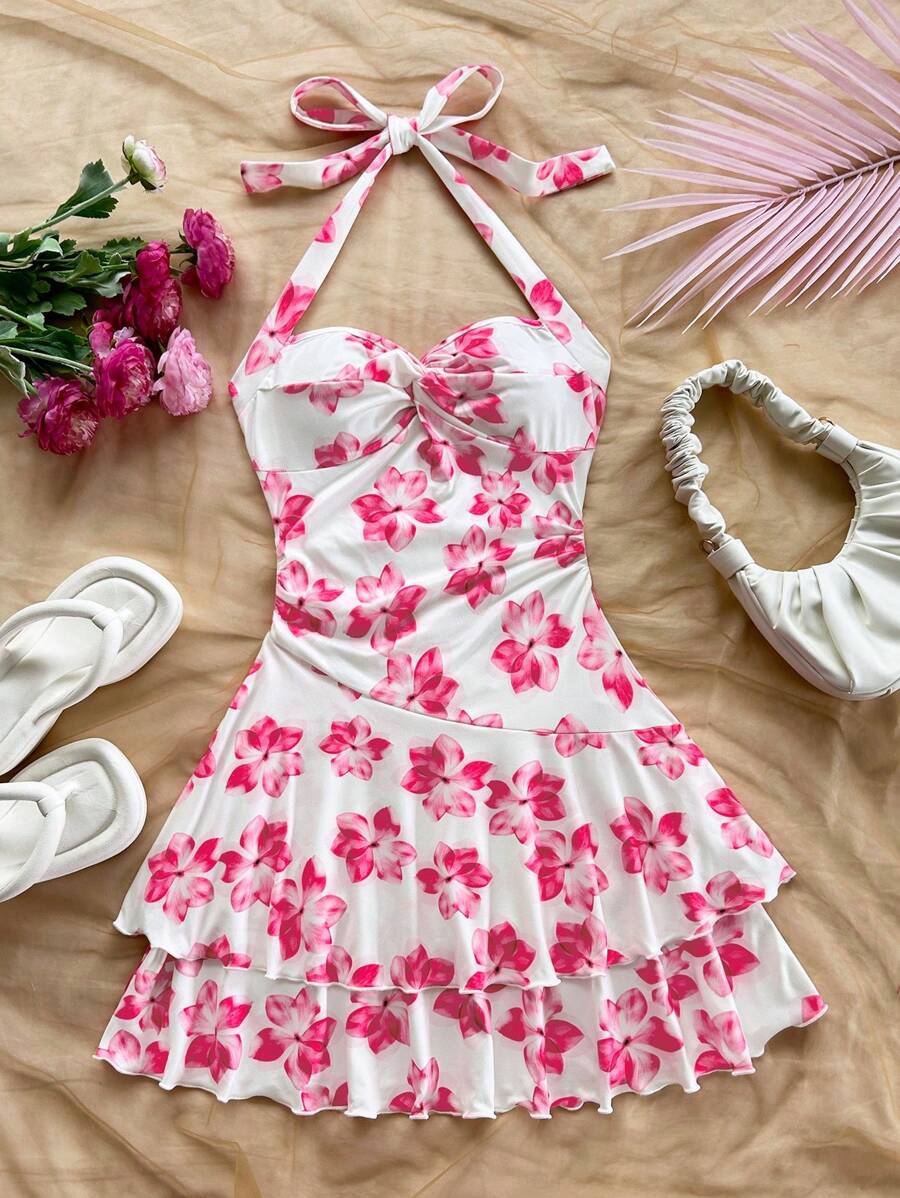 Soleia 女式系带领扭褶下摆收腰迷你碎花连衣裙，适合节日、约会、下午茶、度假、音乐节、波西米亚风格 - 粉色 - 查看 1