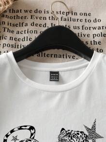 SHEIN EZwear 大码休闲简约图案圆领短袖 T 恤，大码，适合夏季 - 白色 - 查看 4