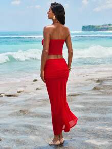 Opulessa 2pcs/Set Women Solid Ribbed Cropped Tank Top & Low-Waist Fishtail Skirt - Red - View 2