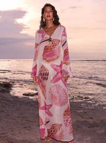 Opulessa Printed V-Neck Long Sleeve Dress For Women,Bohemia - Pink - View 4