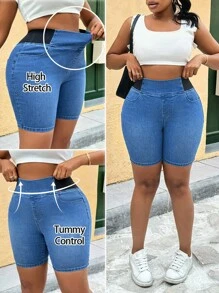 SHEIN PETITE CURVE Women's Plus Size Blue Denim Stretch Skinny Shorts Summer,Vacation Woman,Easter,Spring,Western,Office For Women,Rave,Baby Shower ,Cottagecore,Country Women,Old Money Style Women,Going Out,Festival,Rodeo,Airport - Blue - View 1