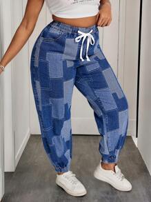 SHEIN SXY Plus Size Jacquard Denim Drawstring Tapered Pants Women Summer Outfits - Dark Wash - View 6