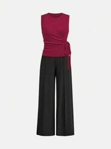 SHEIN Clasi 2 pezzi Set camisole e pantaloni da donna con collo rotondo liscio e vita attorcigliata