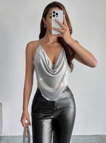 Firerie Top camisero elegante, romántico, sexy y grácil con cuello drapeado, adecuado para fiestas, vacaciones, vuelta al cole, otoño/invierno