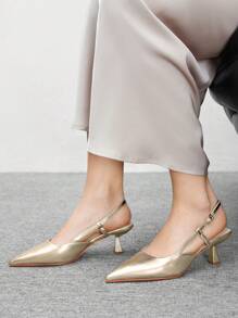 CUCCOO BIZCHIC Giày cao gót đế xuồng màu kim loại trơn kiểu ly rượu vang dành cho nữ, giày cao gót giả da thanh lịch và cổ điển để hẹn hò, dự tiệc - Vàng - Xem 6