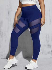 SHEIN Essnce Plus Size Navy Blue Knitted Fabric Leggings With Contrast Mesh Panels For A Casual Style - Navy Blue - View 5