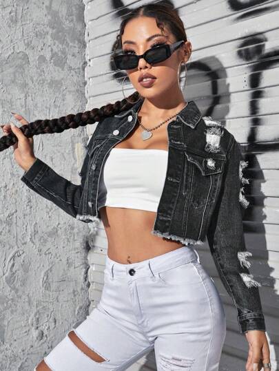 Jeanoix Ripped Raw Hem Denim Jacket