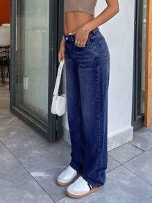 SHEIN Cottnline LOW RISE CROPPED STRAIGHT CUT WOMEN  JEAN - Dark Wash - View 4
