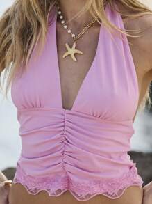 Aralina Lower Neckline Halter Ruched Lace Trim Sexy Going Out Y2K Corset Cami Top - Pink - View 3