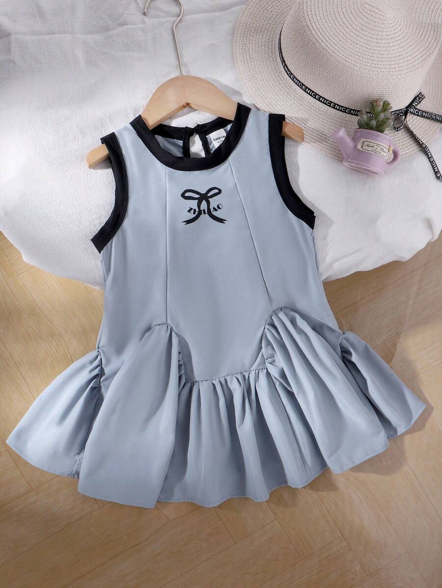 Young Girl Bowknot Print A-Line Dress, Fashion Gray Sleeveless Dress, Comfortable & Cute For Toddlers, Summer New Arrival - Grey - View 1