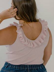 Aralina Curve Ruffle V Neck Knit Ribbed Going Out Summer Top - Pink - View 2