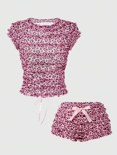 Y2K Sexy Mesh rückenfreier figurbetonter Leoparden-Muster Rüschen Zwei-Teiler Set für Frauen