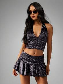 MISSGUIDED Chấm Bi Satin Bộ Hai Mảnh Dây Áo Crop Top Váy Mini Co-Ord Bộ Bữa Tiệc Câu Lạc Bộ Đêm Ra Lễ Hội Mùa Hè Trang Phục - màu đen - Xem 1