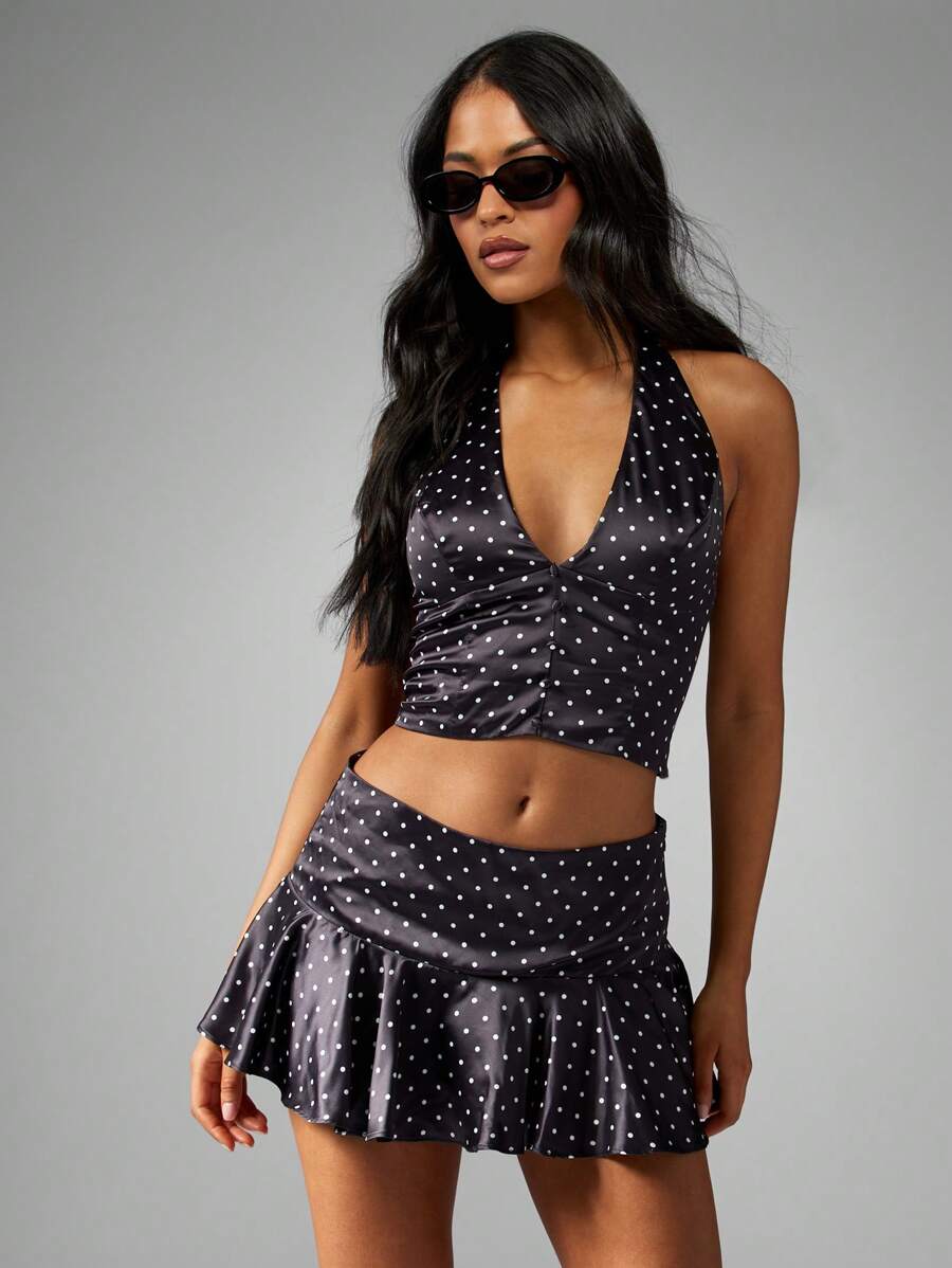 MISSGUIDED Chấm Bi Satin Bộ Hai Mảnh Dây Áo Crop Top Váy Mini Co-Ord Bộ Bữa Tiệc Câu Lạc Bộ Đêm Ra Lễ Hội Mùa Hè Trang Phục - màu đen - Xem 1