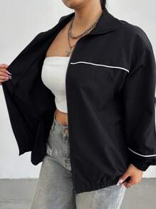 POPSWAY 休闲拼色宽松学院风街头薄款长袖外套 - 黑色 - 查看 6