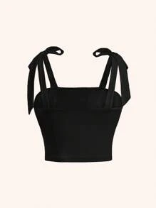 SHEIN Tween Girl Elegant Solid Fitted Sweet Bow-Knot Tie Shoulder Side Ruched Cami Tank Top
