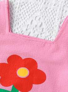 Conjunto de roupa de verão simples para bebê menina, estampa floral, gola quadrada, manga bufante, top e shorts com babados - Rosa - Ver 3