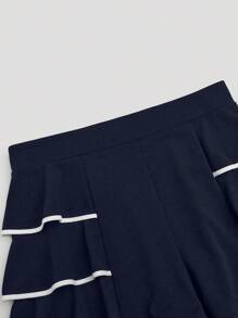 SHEIN LUNE Plus Size Color-Block Ruffle Hem A-Line High Waist Elegant Shorts For Commuter - Navy Blue - View 5