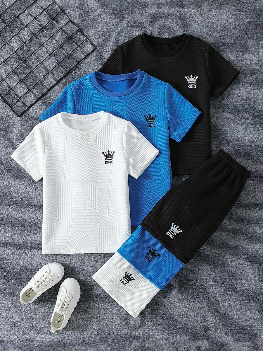 2pcs/Set Boys Crown & Letter Printed Solid Color Textured Crew Neck Short Sleeve T-Shirt And Shorts Set, 3-Piece Combo, Suitable For Summer, School, Campus, College - Multicolor - View 1
