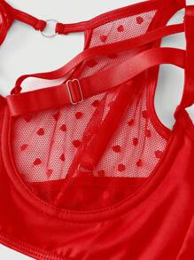 ROMWE Goth 3 件套哥特式波尔卡圆点网眼钢圈文胸、链式吊带和吊袜带、性感内衣套装 - 紅色 - 查看 5