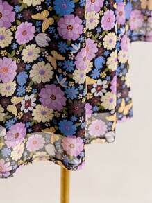 Soleia 大码女式休闲秋冬网眼面料黑色底色多色花卉印花蕾丝边蝴蝶结喇叭袖迷你连衣裙 - 黑色 - 查看 4