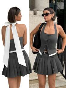 SHEIN Essnce Summer Women's Elegant Back Extra Long Contrast Bow Decoration Halter Top,Business Casual Woman,Graduation,Easter,Festival For Women - Grey - View 5