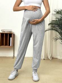 SHEIN Long Maternity Solid Color Adjustable Waist Casual Pants - Grey - View 5