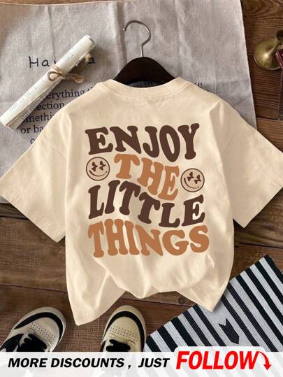 SHEIN Tween Girls' Casual Minimalist Letter Print Short Sleeve T-Shirt, Suitable For Summer, Back Of Clothes