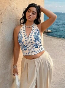 SHEIN Clasi Plus Size Women Plant Print Casual Halter Neck Tank Top - Multicolor - View 5